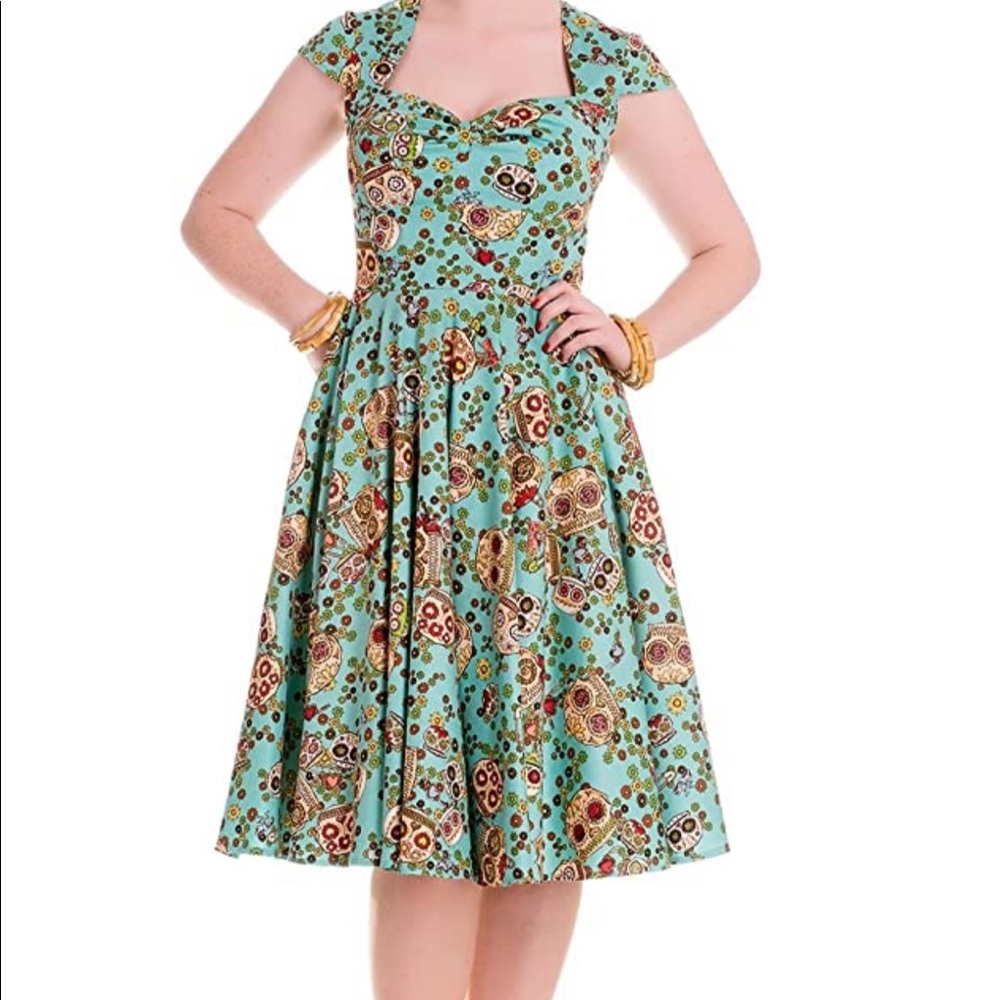 He’ll Bunny Sugar Skull Floral Teal Rockabilly NWT